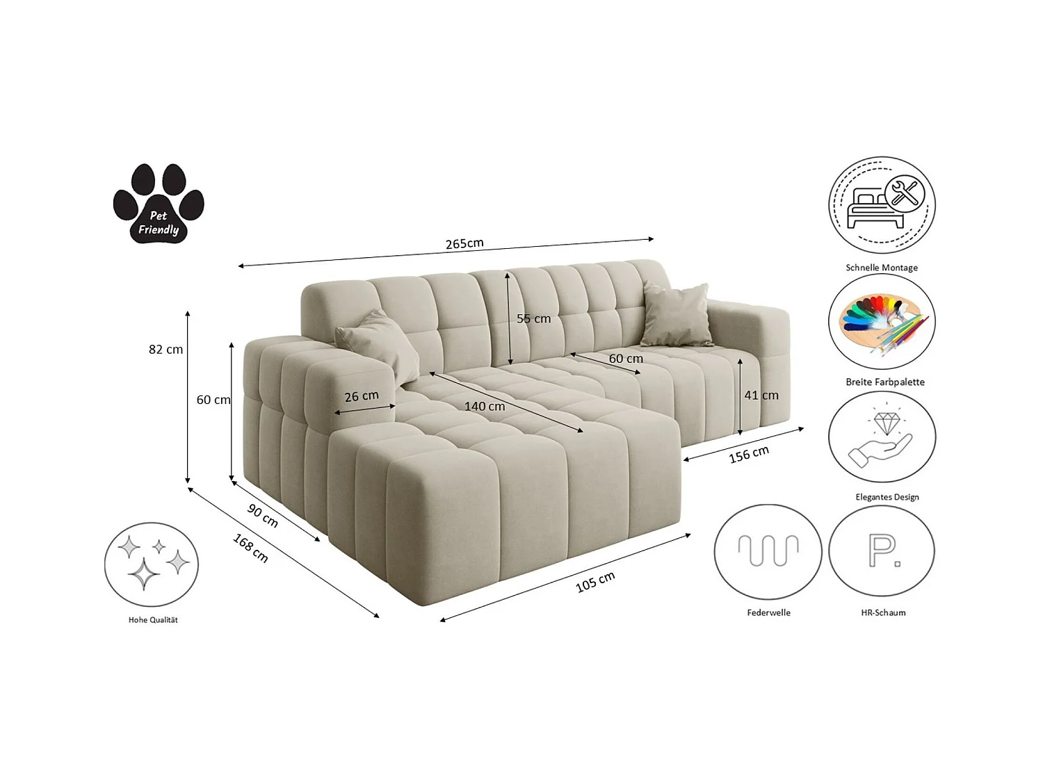 Ecksofa NIMES L-Form, Stoff Portland, Ecru, Links