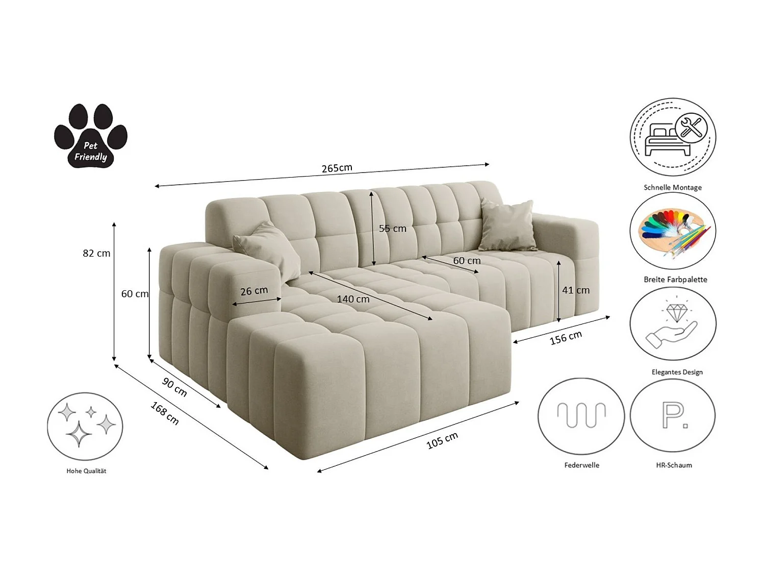 Ecksofa NIMES L-Form, Stoff Portland, Ecru, Links