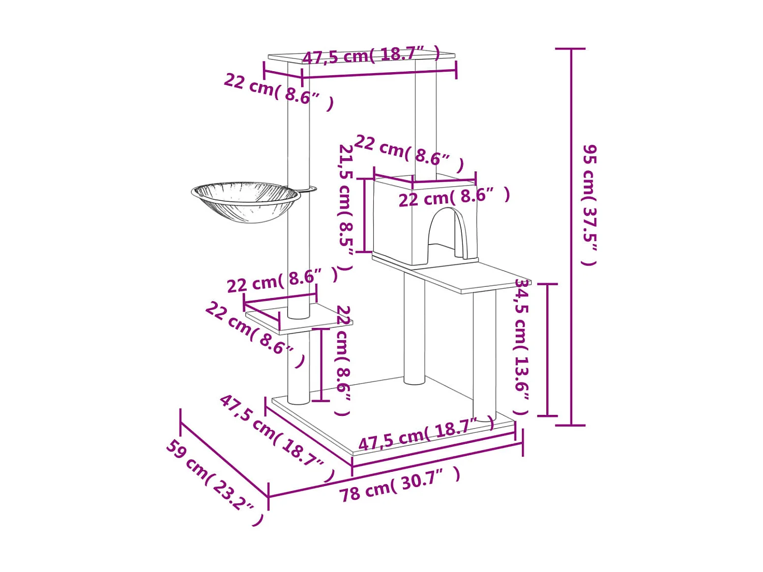 Jorva  Arbre à chat avec griffoirs en sisal gris foncé 95 cm