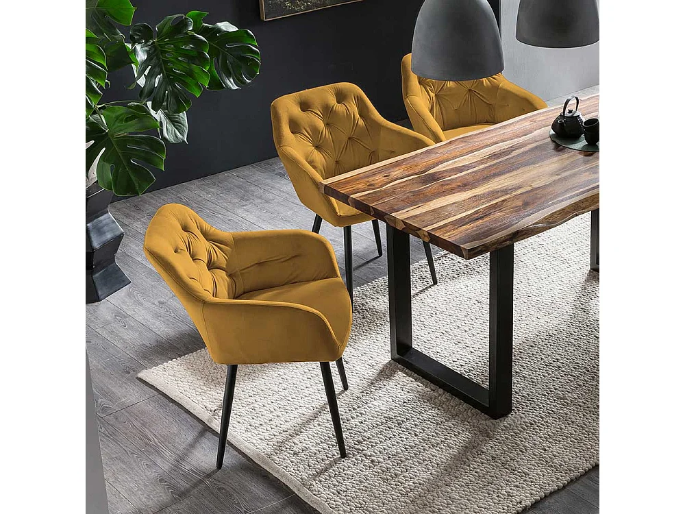 Retro Polsterstuhl in Gelb Samt Armlehnen