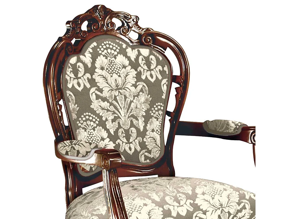 Barocker Armlehnstuhl in Nussbaumfarben Bezug Taupe Cremeweiß