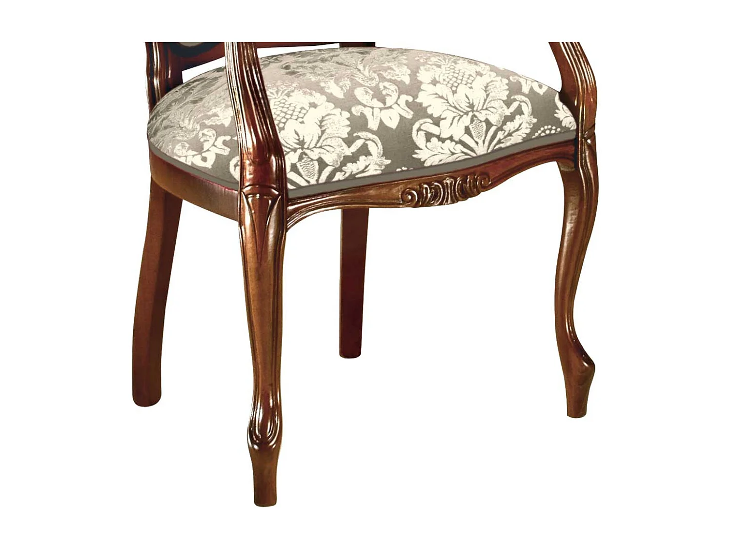 Barocker Armlehnstuhl in Nussbaumfarben Bezug Taupe Cremeweiß