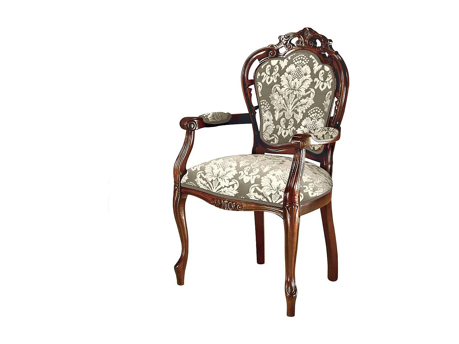 Barocker Armlehnstuhl in Nussbaumfarben Bezug Taupe Cremeweiß