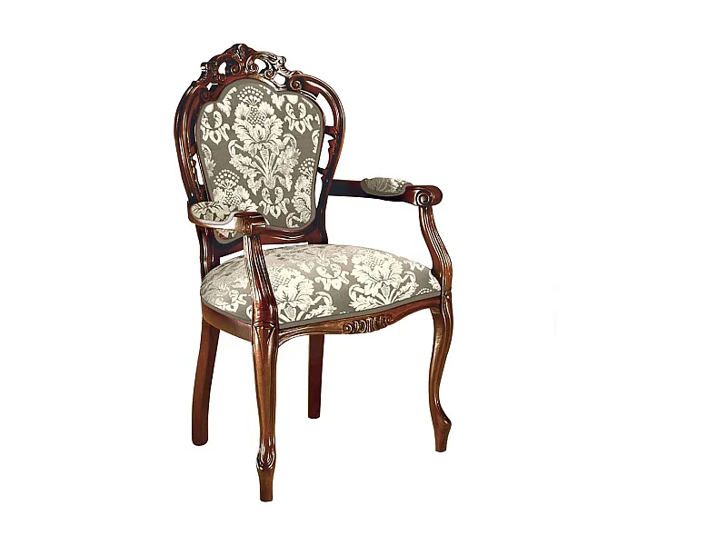 Barocker Armlehnstuhl in Nussbaumfarben Bezug Taupe Cremeweiß