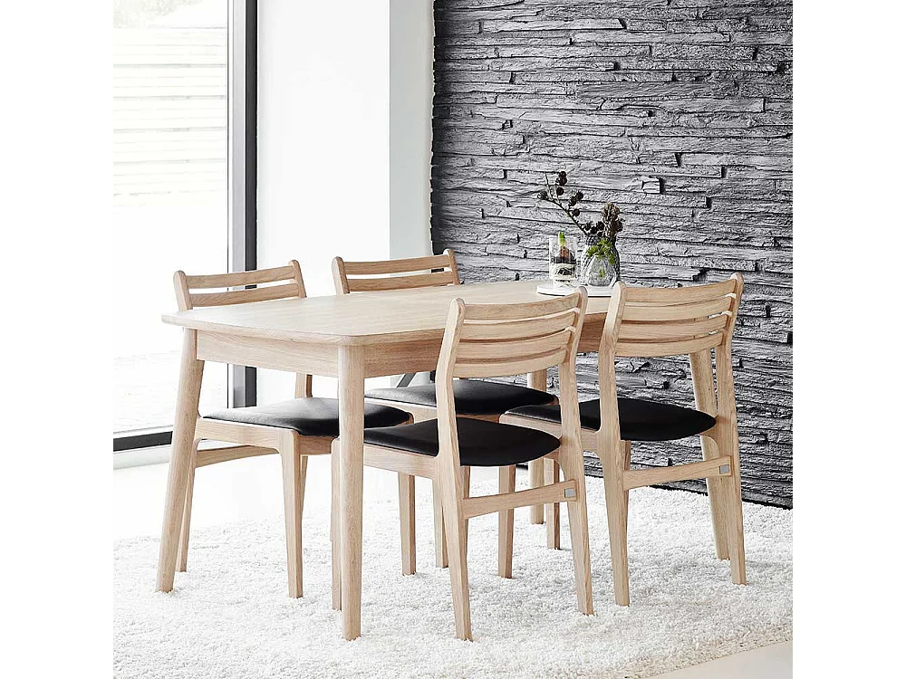 Eichenholzstuhl massiv und Bianco geölt Ledersitz in Schwarz (2er Set)