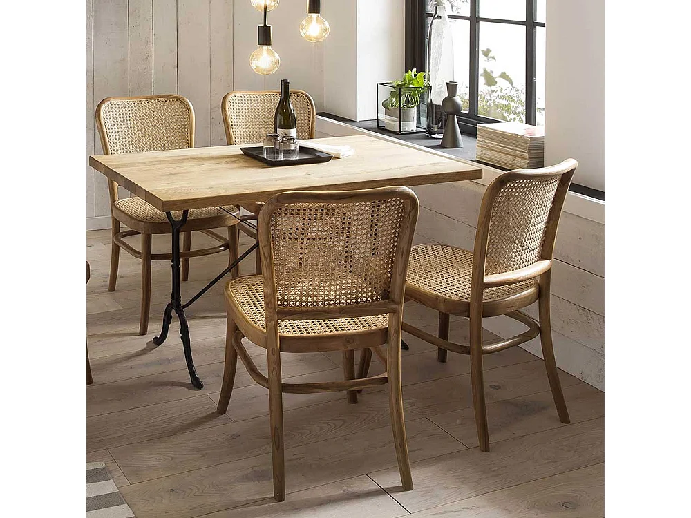 Esstischstuhl aus Teak Massivholz und Rattan Retrostil