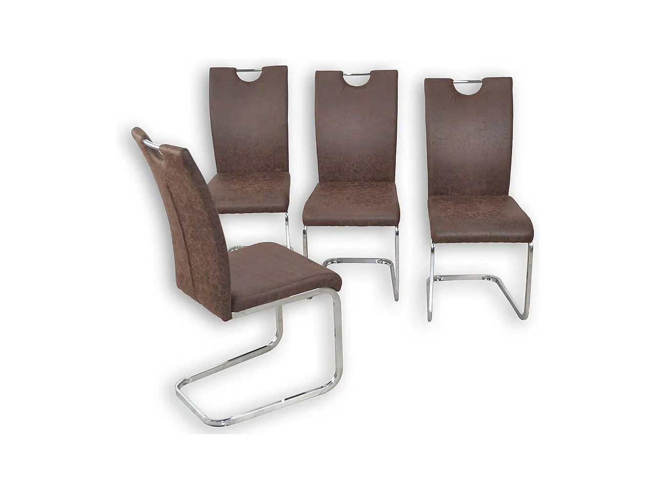 Freischwinger Stühle in Braun Kunstleder verchromtem Metallgestell (4er Set)