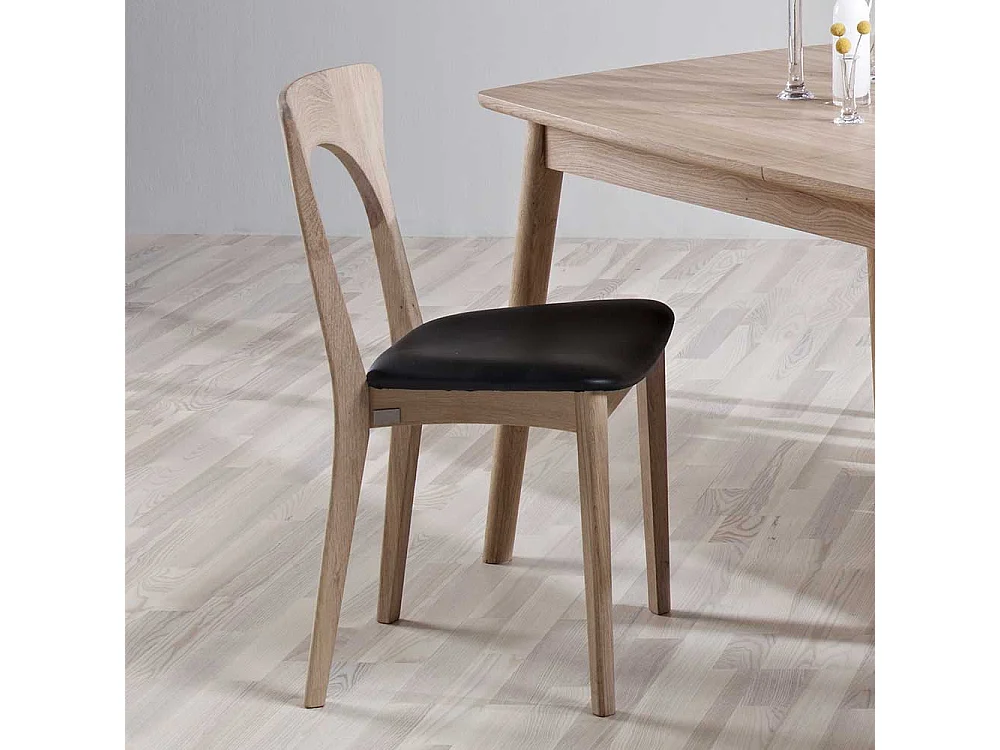 Holzstuhl Set aus Eiche Bianco geölt Leder Schwarz (2er Set)