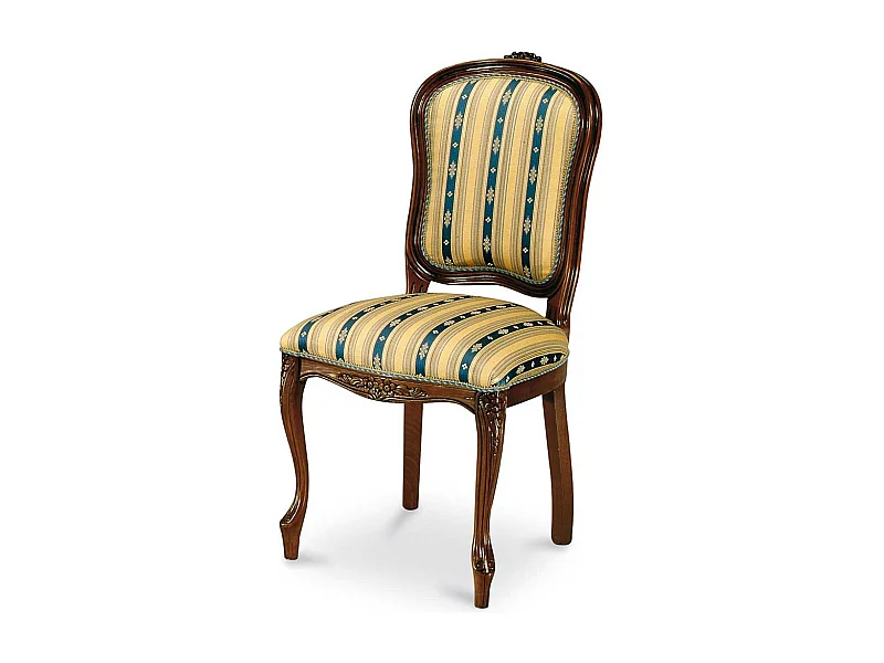 Polsterstuhl in Gelb Blau gestreift Nussbaumfarben