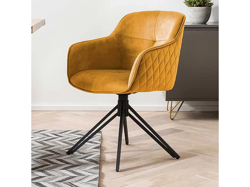 Drehbarer Esszimmerarmlehnstuhl in Gelb Samt Gestell aus Metall