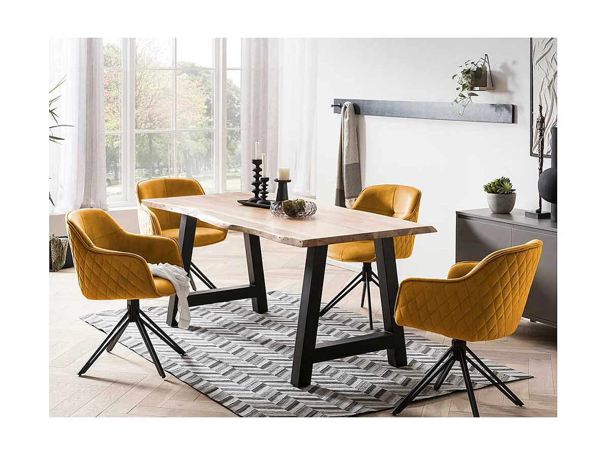 Drehbarer Esszimmerarmlehnstuhl in Gelb Samt Gestell aus Metall