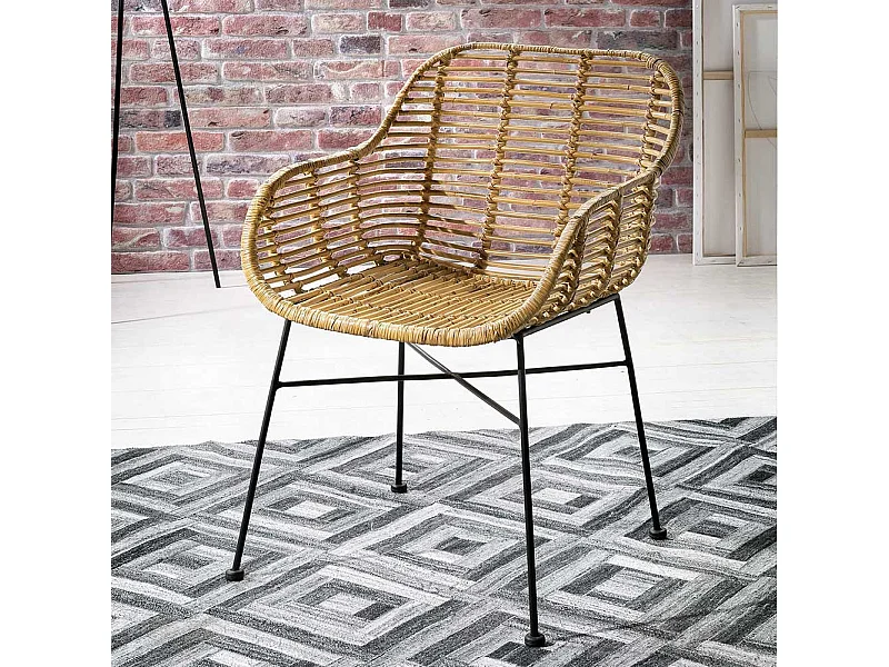 Armlehnen Rattanstuhl in Naturfarben Metallgestell (2er Set)