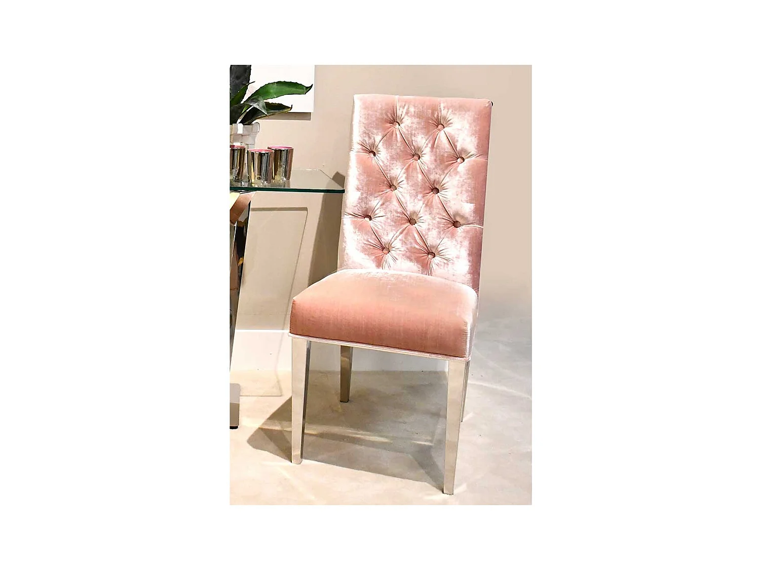 Polsterstuhl in Rosa Samt Chesterfield Look Edelstahl Gestell