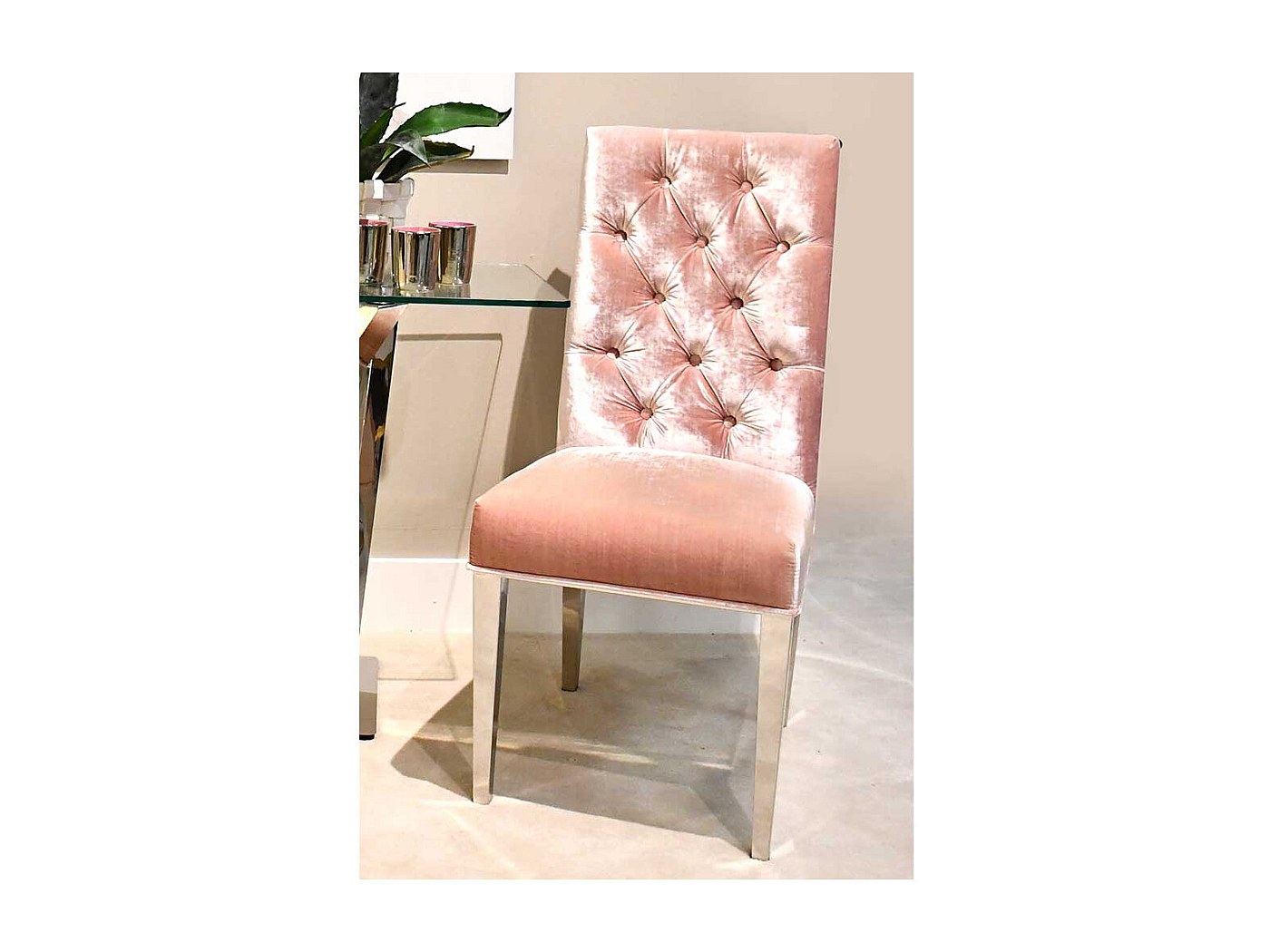 Polsterstuhl in Rosa Samt Chesterfield Look Edelstahl Gestell