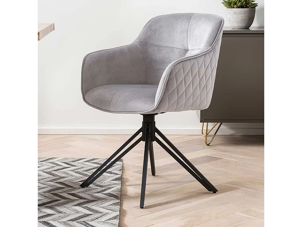 Esszimmerstuhl mit Steppungen in Hellgrau Samt Gestell drehbar