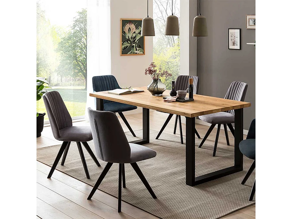 Grauer Polsterstuhl mit Gestell aus Massivholz Schwarz (2er Set)