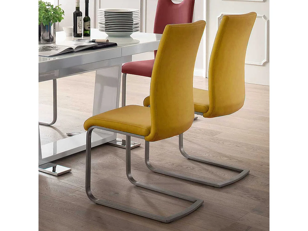 Design Freischwinger in Kunstleder Gelb Edelstahl (4er Set)