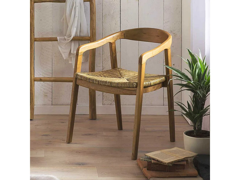 Armlehner aus Teak Massivholz und Rattan 45 cm Sitztiefe