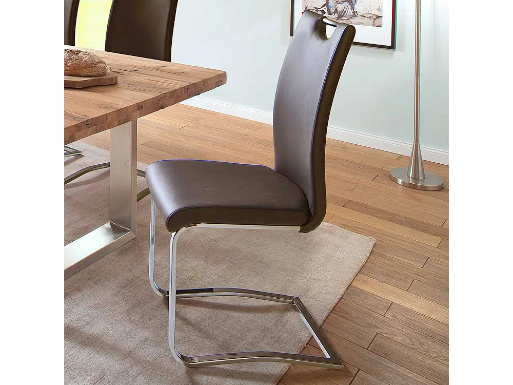 Küchen Freischwingerstuhl in Braun Kunstleder Edelstahl (4er Set)