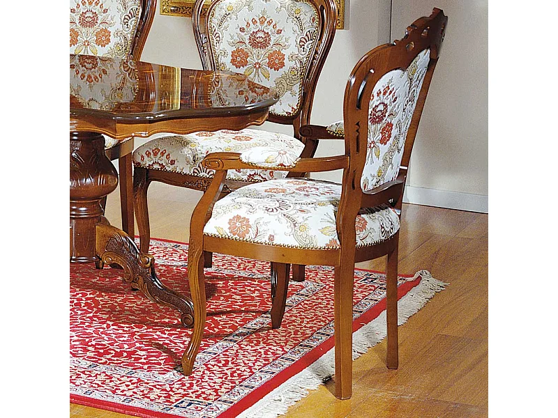 Barock Armlehnenstuhl in Beige gemustert Stoff Nussbaumfarben