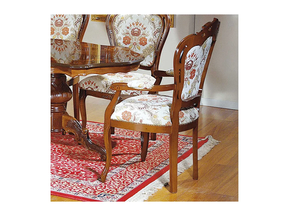 Barock Armlehnenstuhl in Beige gemustert Stoff Nussbaumfarben