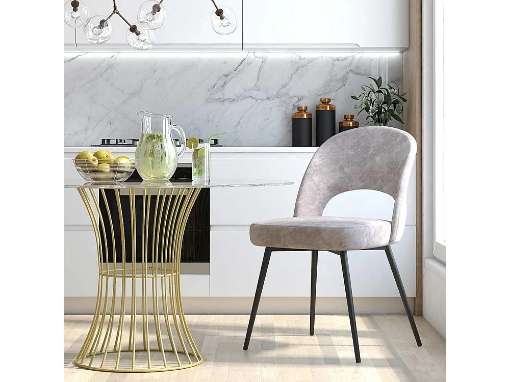 Samtvelours Stuhl hellgrau im Retrostil Gestell aus Metall