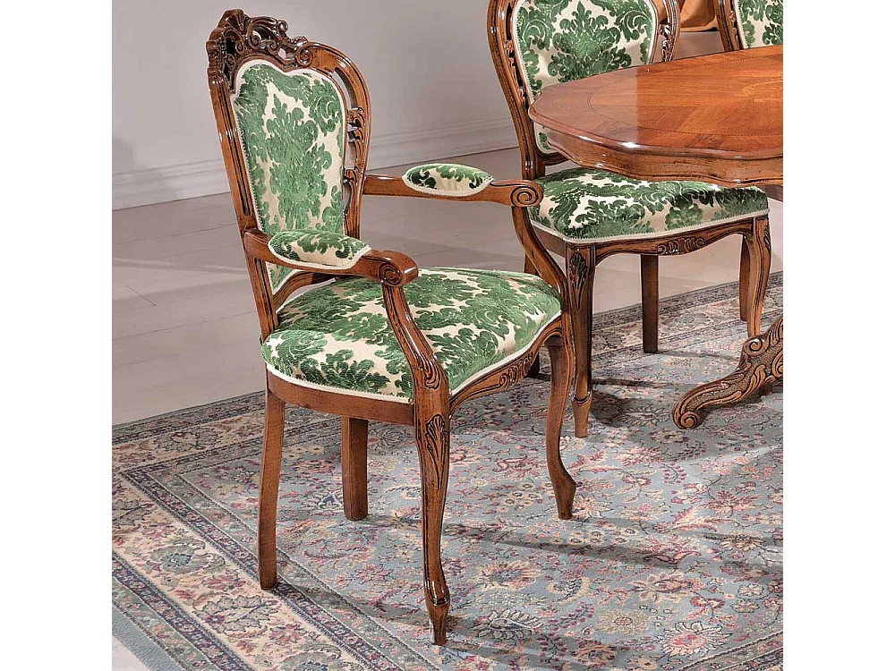 Armlehnen Polsterstuhl in Grün Beige gemustert Barock Design