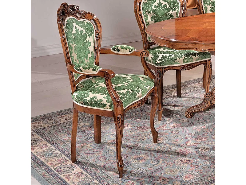 Armlehnen Polsterstuhl in Grün Beige gemustert Barock Design