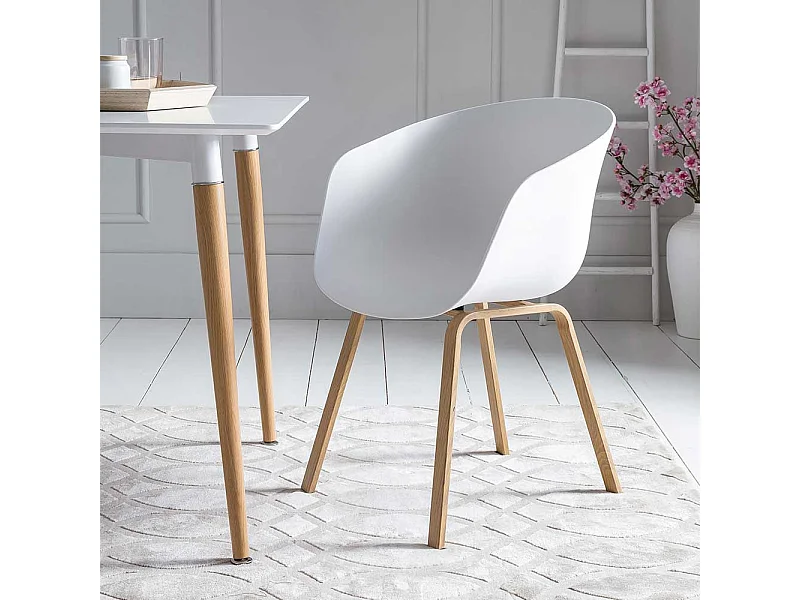 Armlehnenstühle in Weiß Kunststoff Metallgestell in Holz Naturfarben (2er Set)