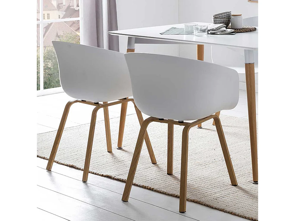 Armlehnenstühle in Weiß Kunststoff Metallgestell in Holz Naturfarben (2er Set)