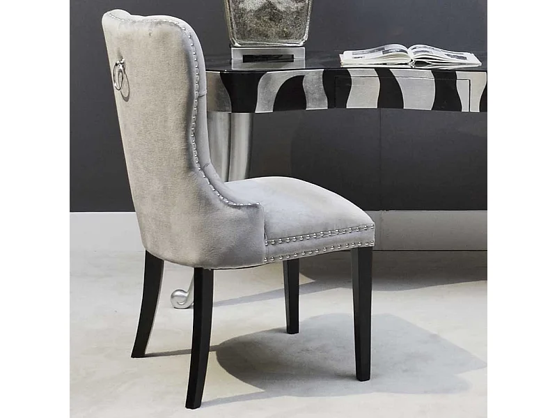 Samt Esszimmerstuhl in Hellgrau und Schwarz Massivholz Chesterfield Look