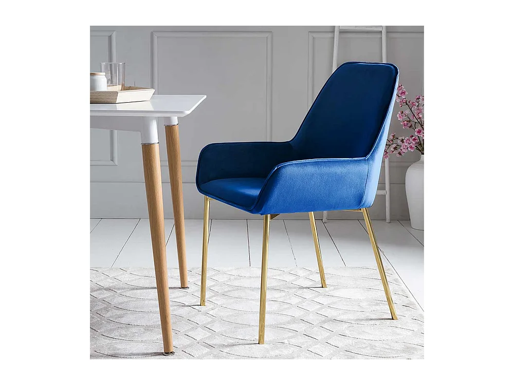 Samt Esstisch Stühle in Blau Metallgestell in Goldfarben (2er Set)