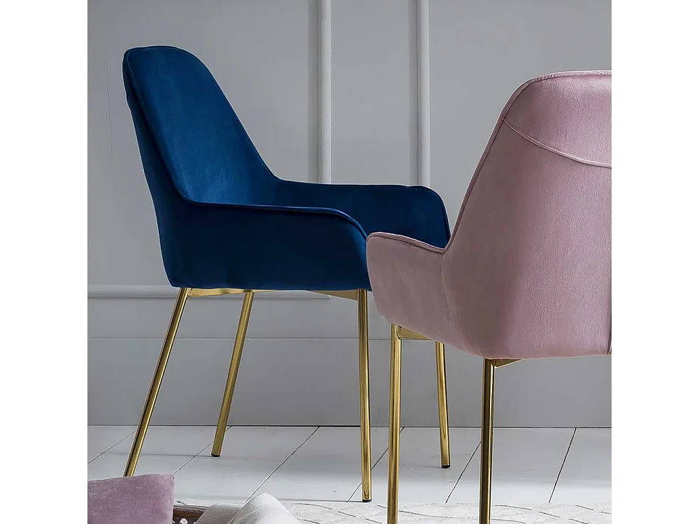 Samt Esstisch Stühle in Blau Metallgestell in Goldfarben (2er Set)