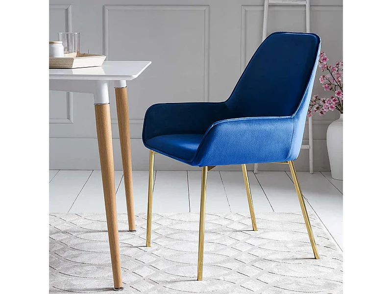 Samt Esstisch Stühle in Blau Metallgestell in Goldfarben (2er Set)