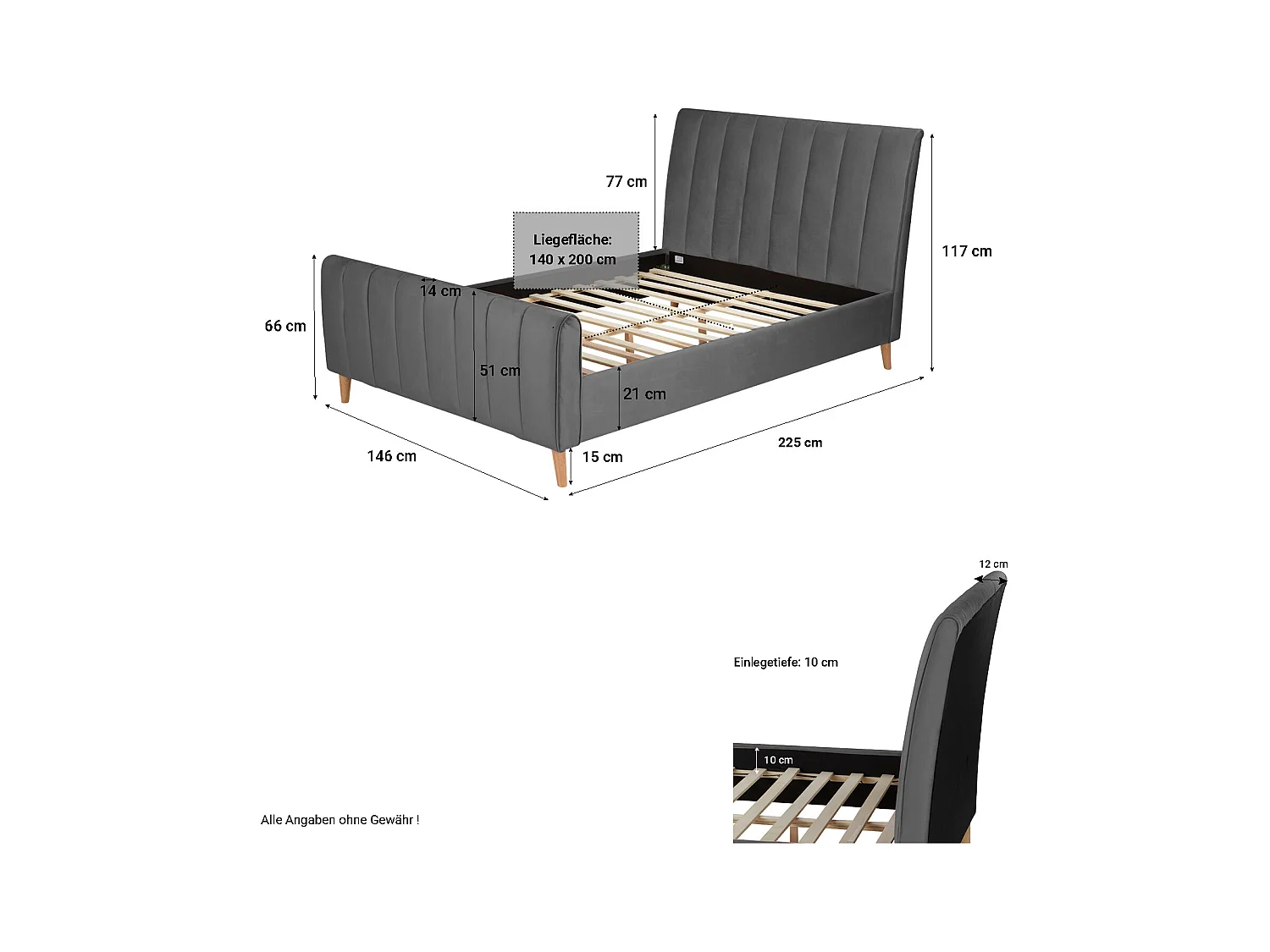 Polsterbett 140x200 cm Grau
