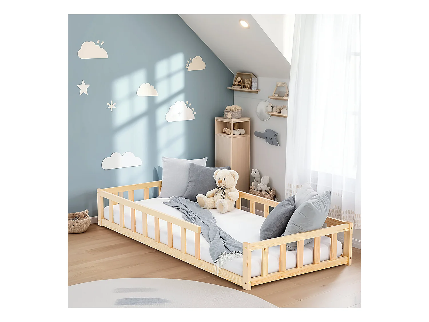 Kinderbett 90x200 cm Natur Montessori Bodenbett mit Schutzgittern