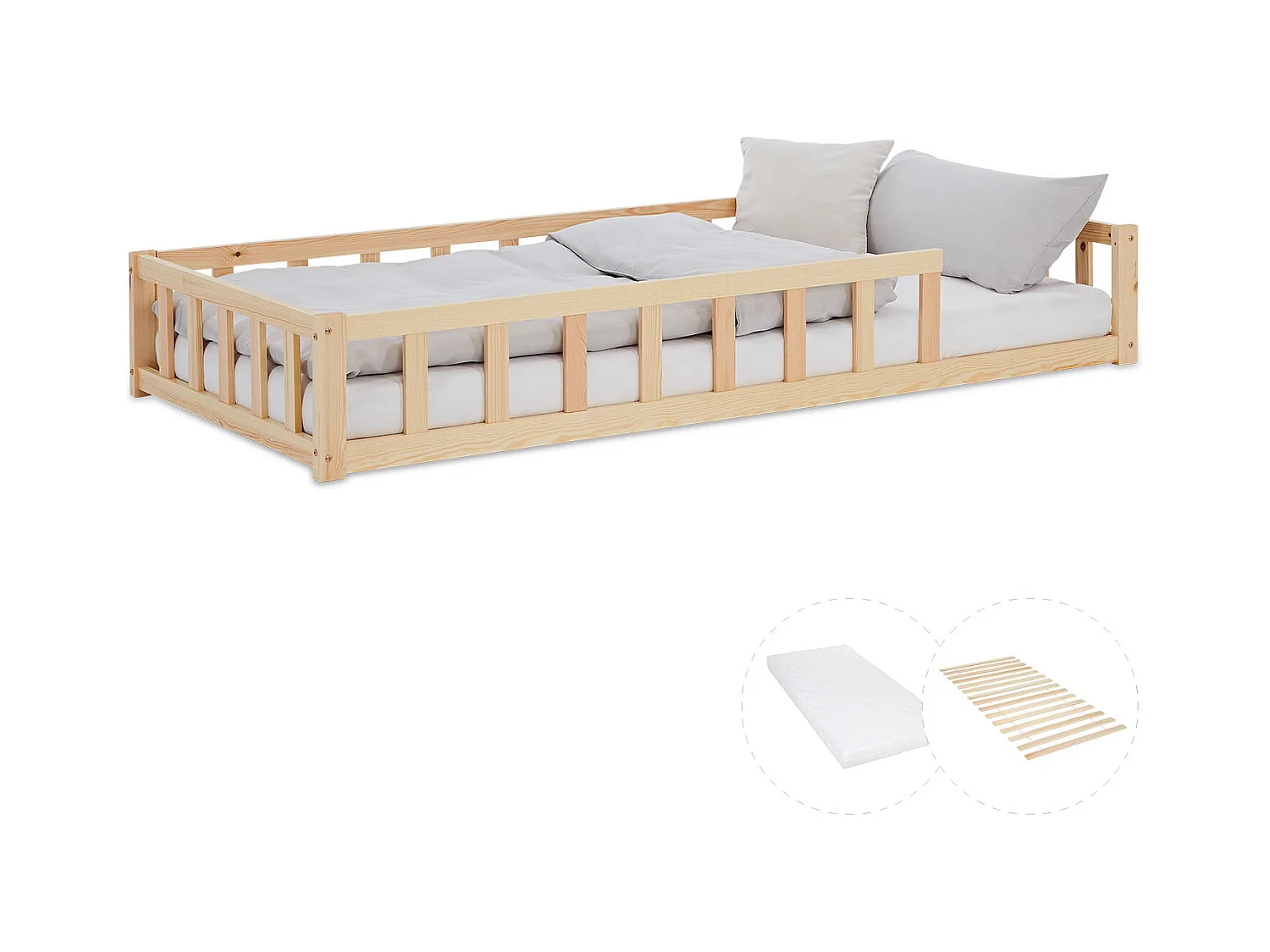 Kinderbett 90x200 cm Natur Montessori Bodenbett mit Schutzgittern