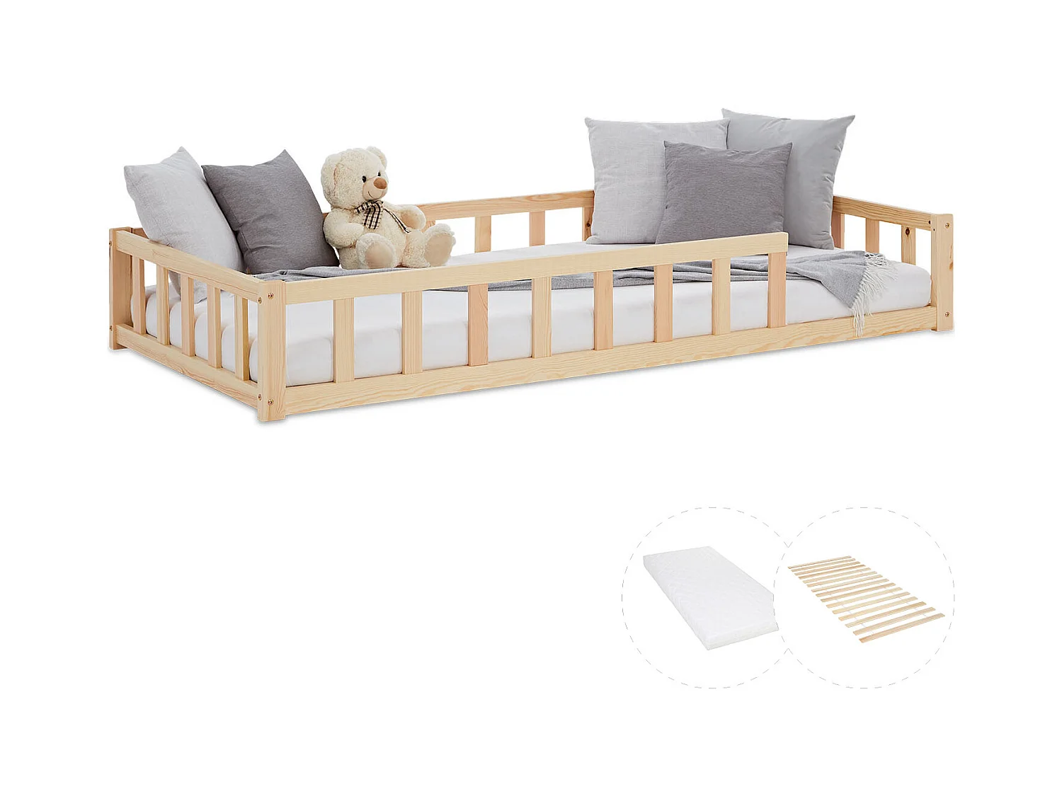 Kinderbett 90x200 cm Natur Montessori Bodenbett mit Schutzgittern