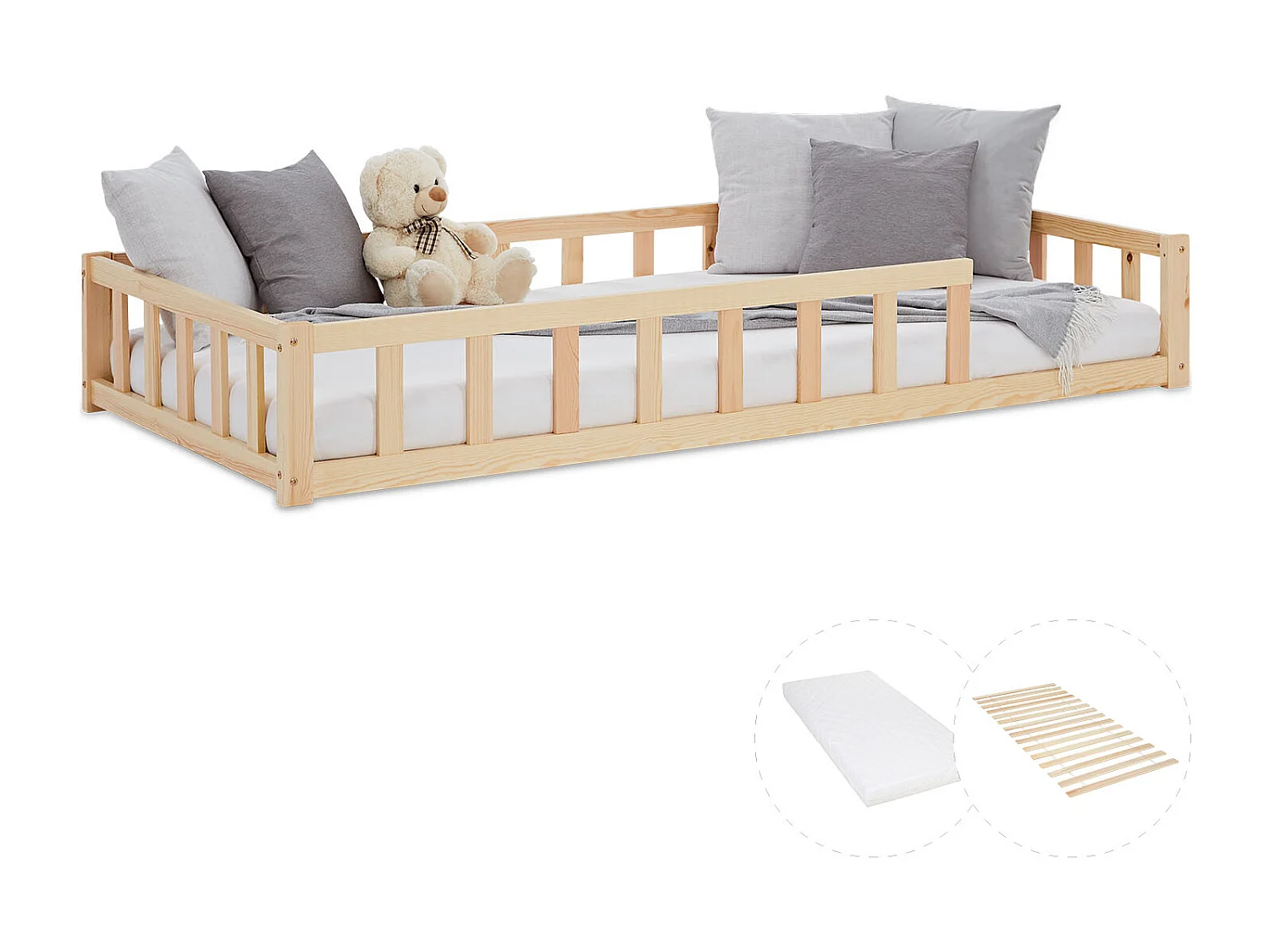 Lit de sol pour tout-petit 90x200 cm Lit Montessori Naturel avec Barrières