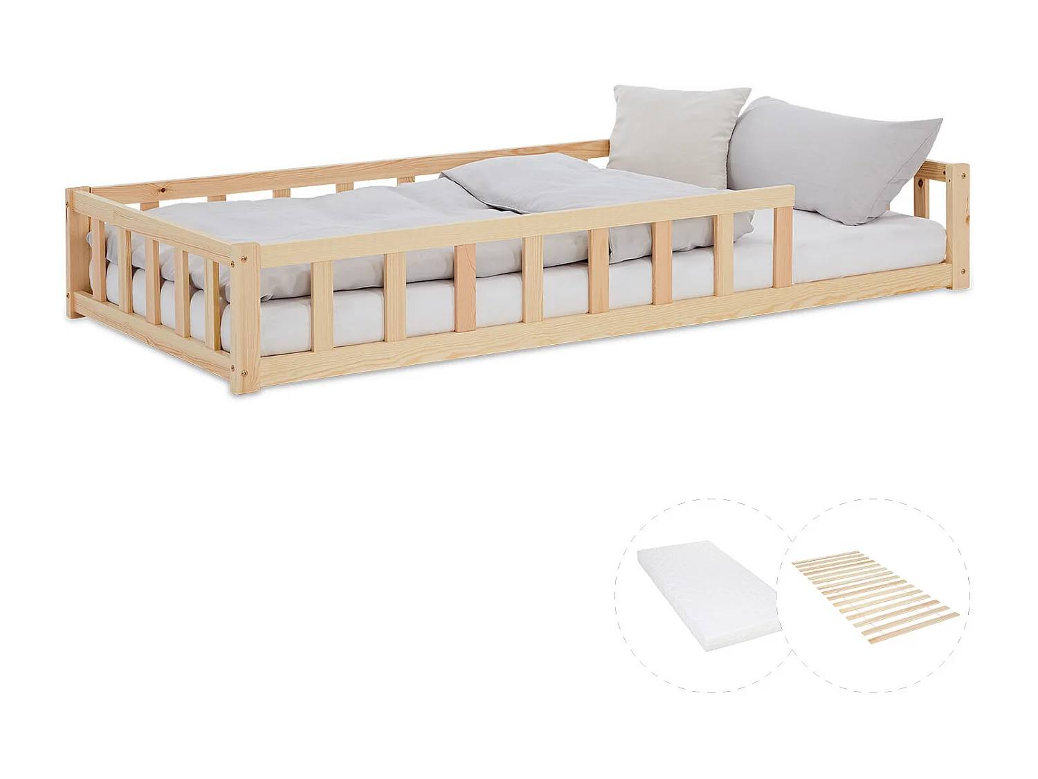 Lit de sol pour tout-petit 90x200 cm Lit Montessori Naturel avec Barrières