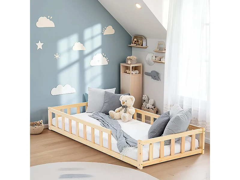 Letto a pavimento per bambini 90x200 cm Letto Montessori naturale con barriere