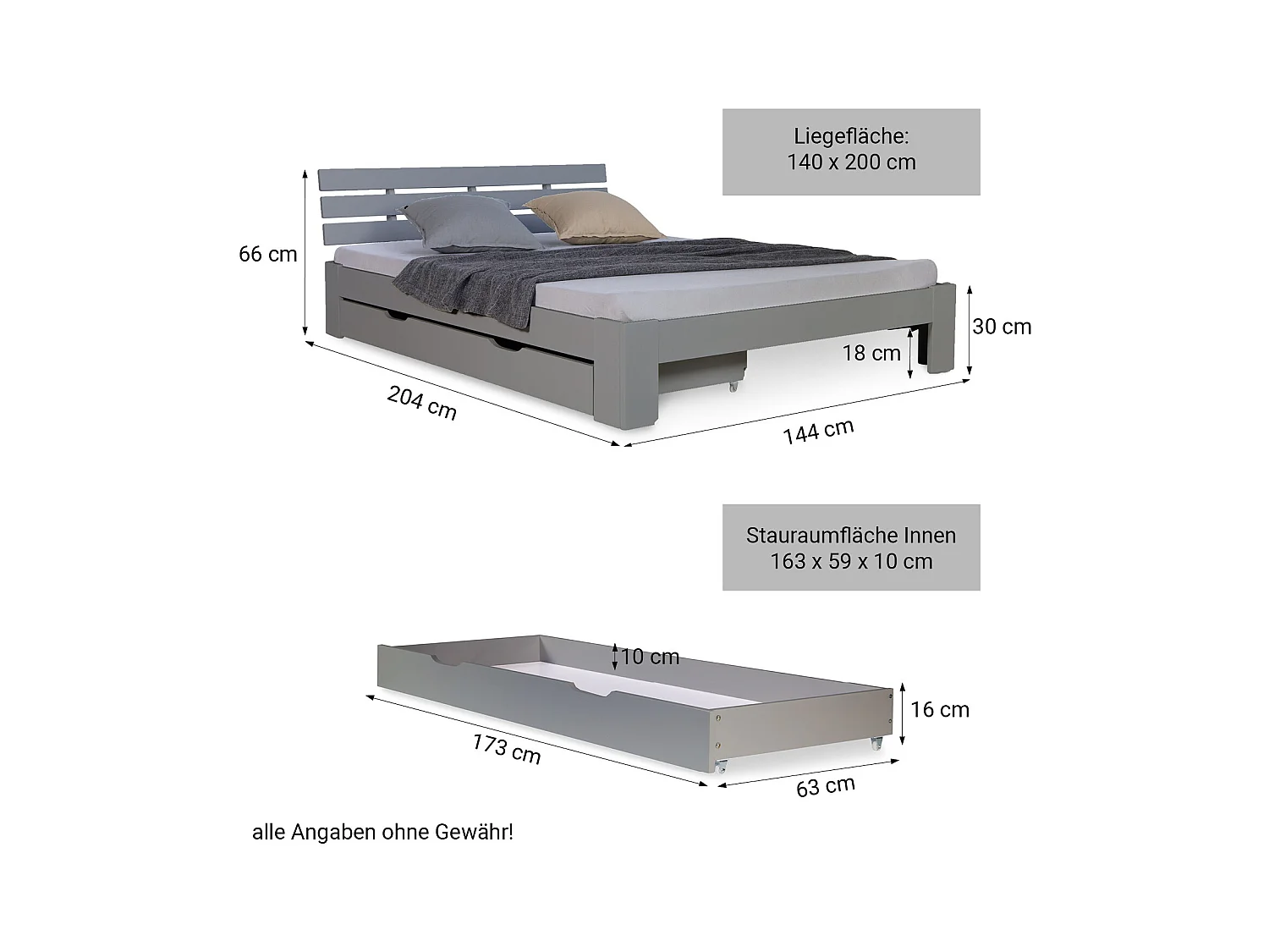Doppelbett 140x200 cm grauer Holzrahmen