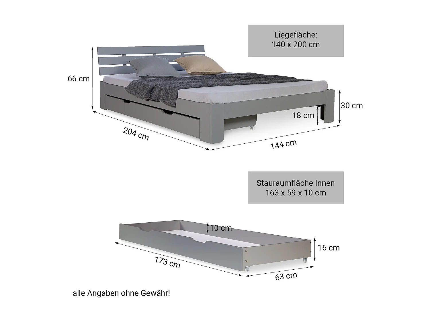 Doppelbett 140x200 cm grauer Holzrahmen