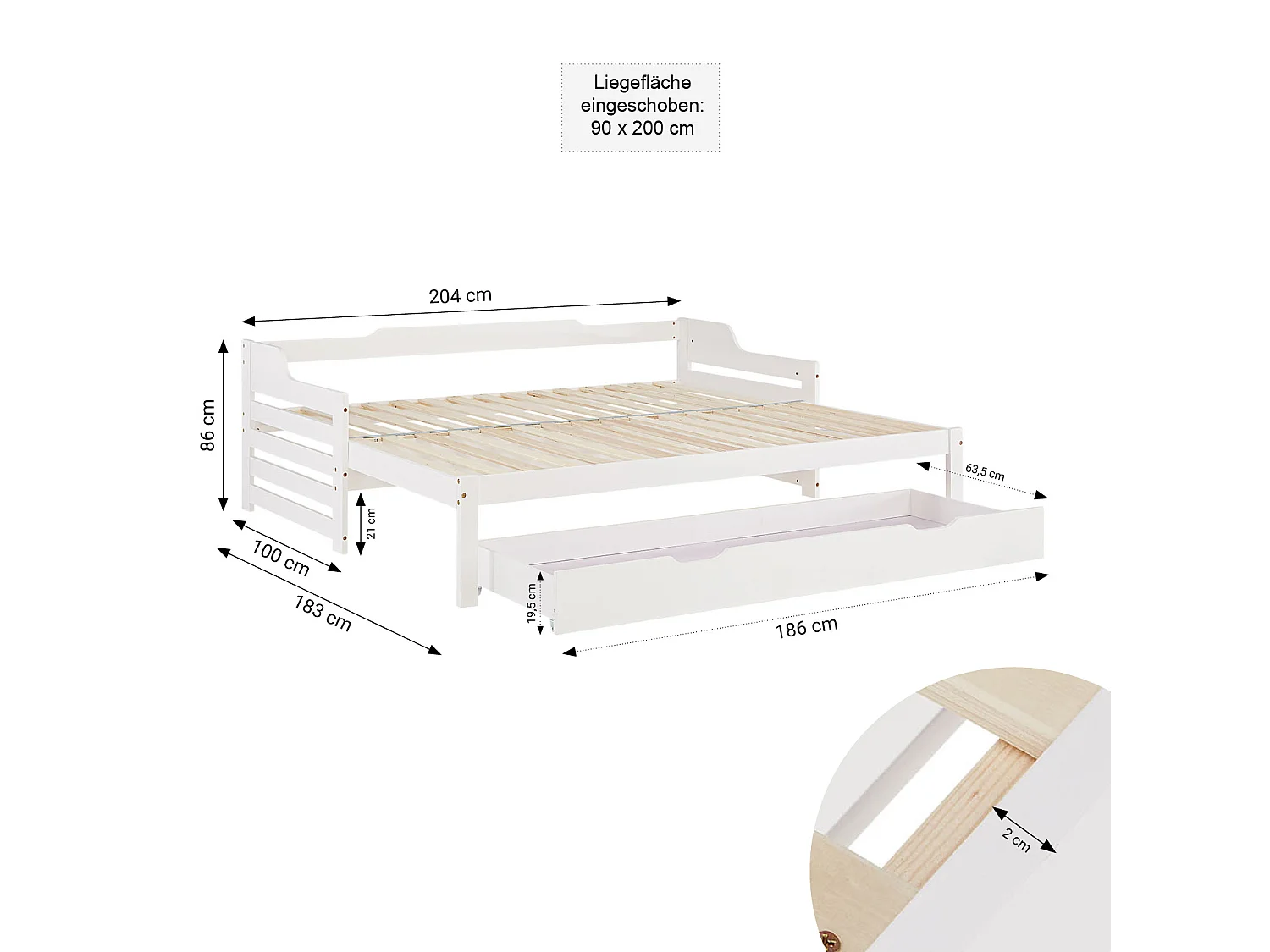 Kinderbed met lade, wit, 90×200 cm