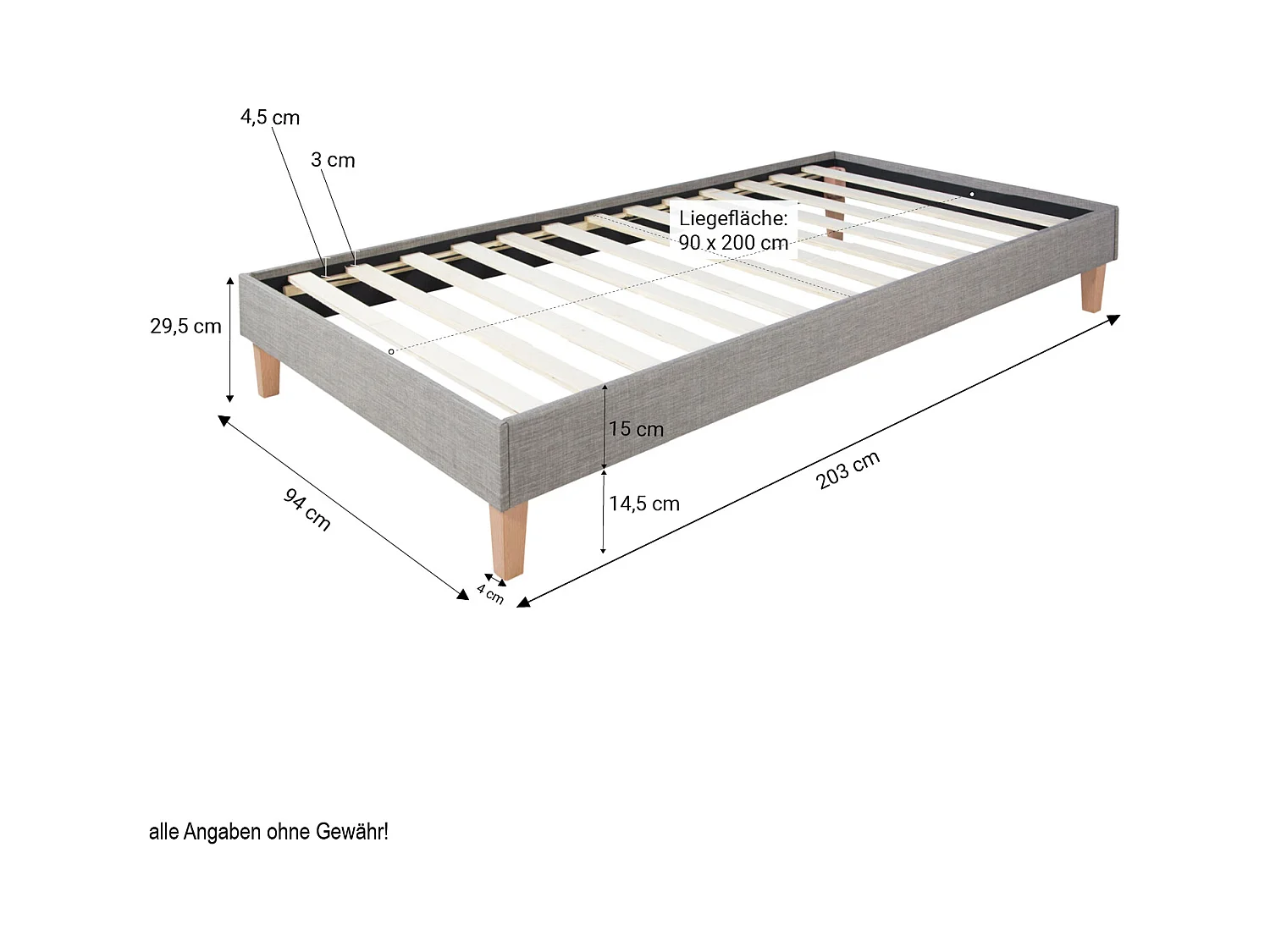 Polsterbett 90x200 cm grau