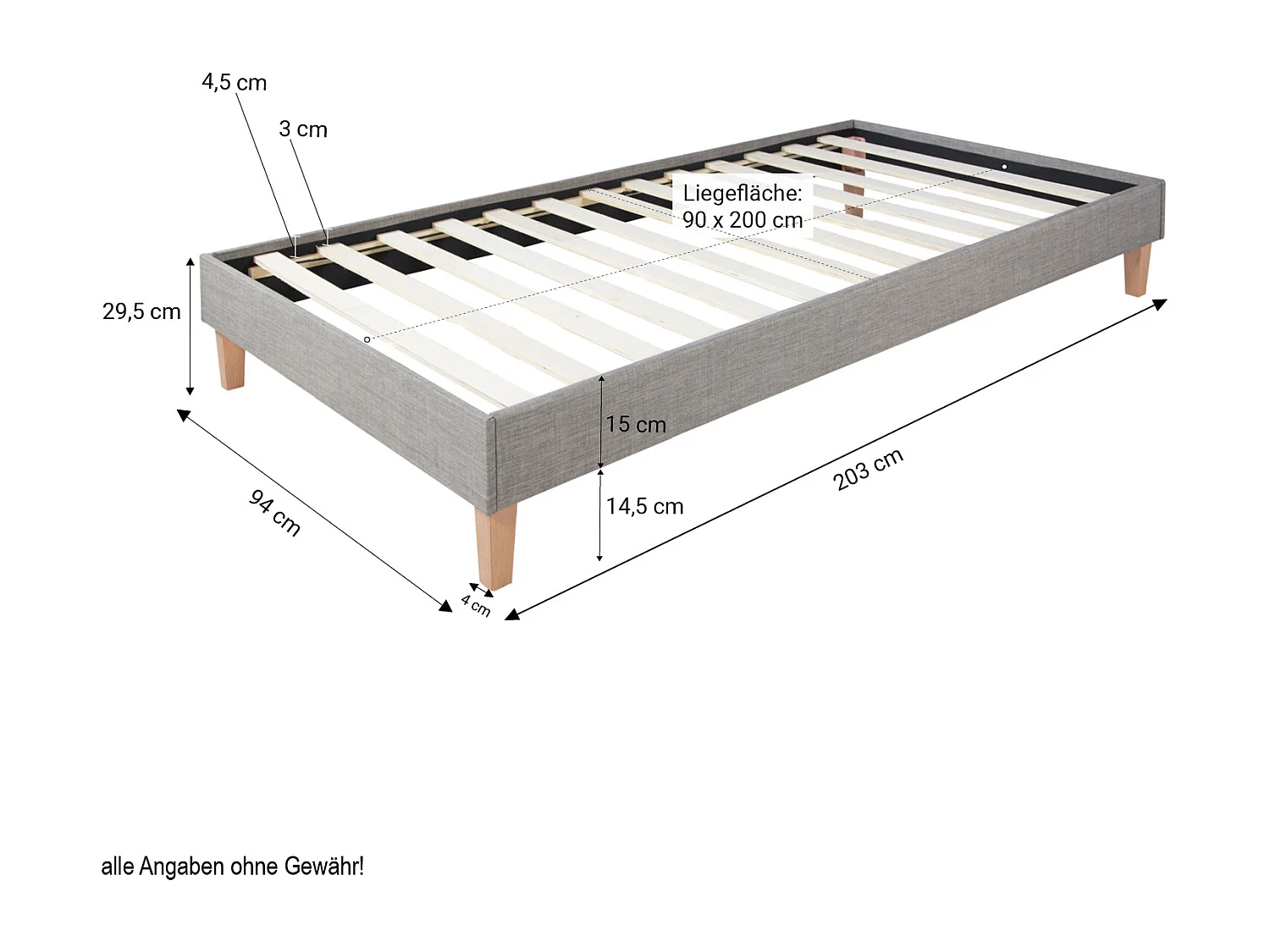Polsterbett 90x200 cm grau