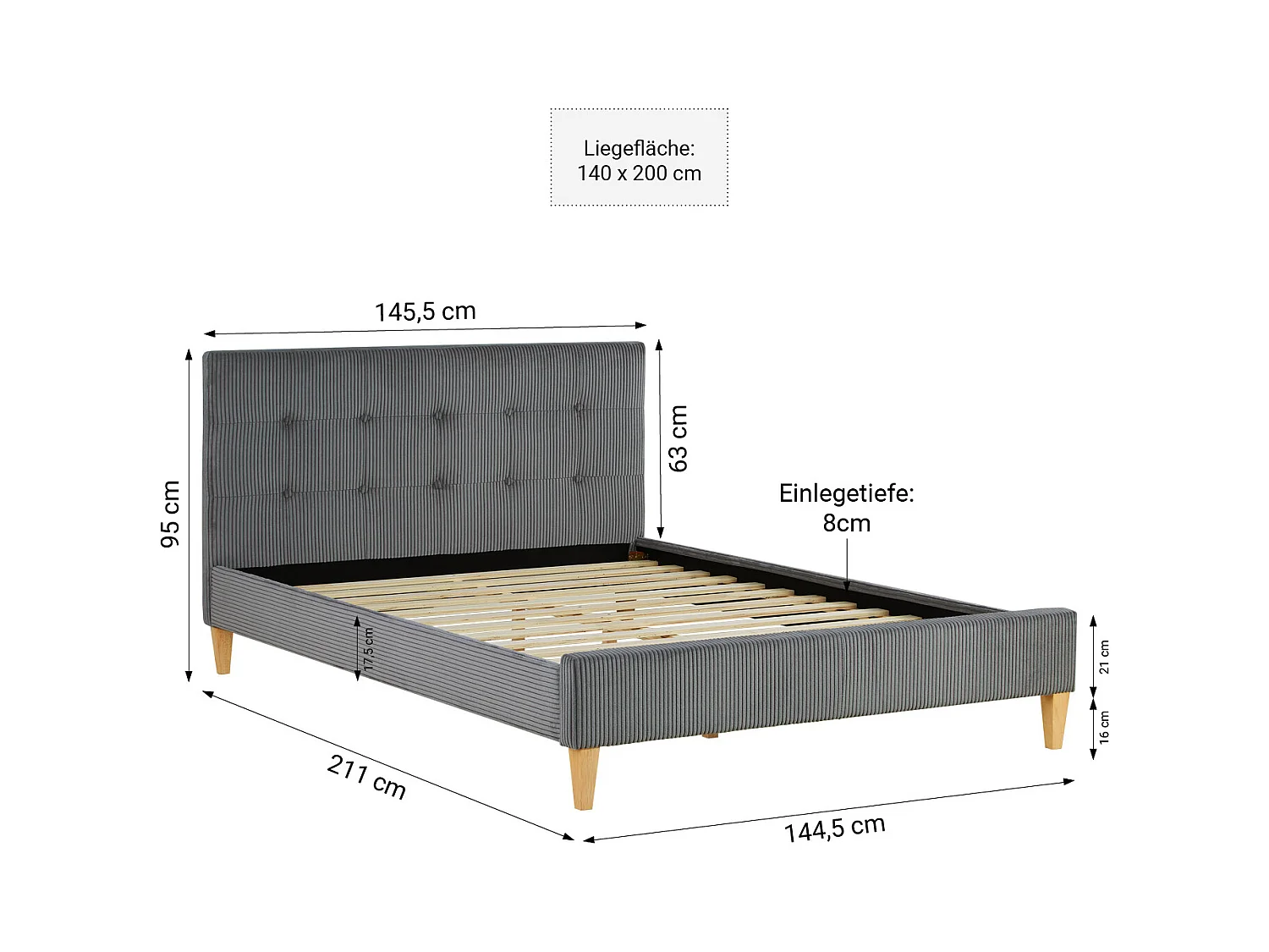 Doppelbett 140x200 cm Grau