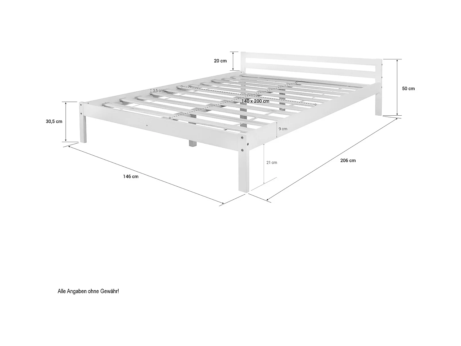 Bett 140x200 cm weiß Massivholz
