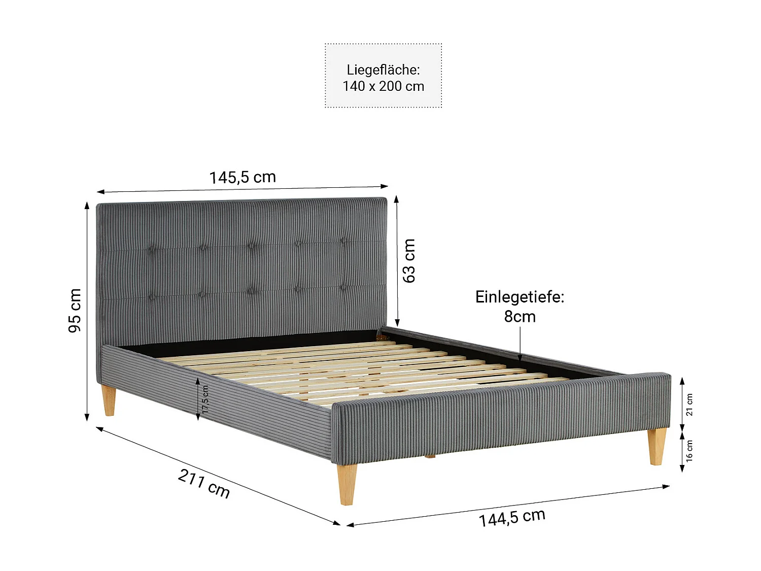 Letto matrimoniale piccolo 140x200x12 cm grigio