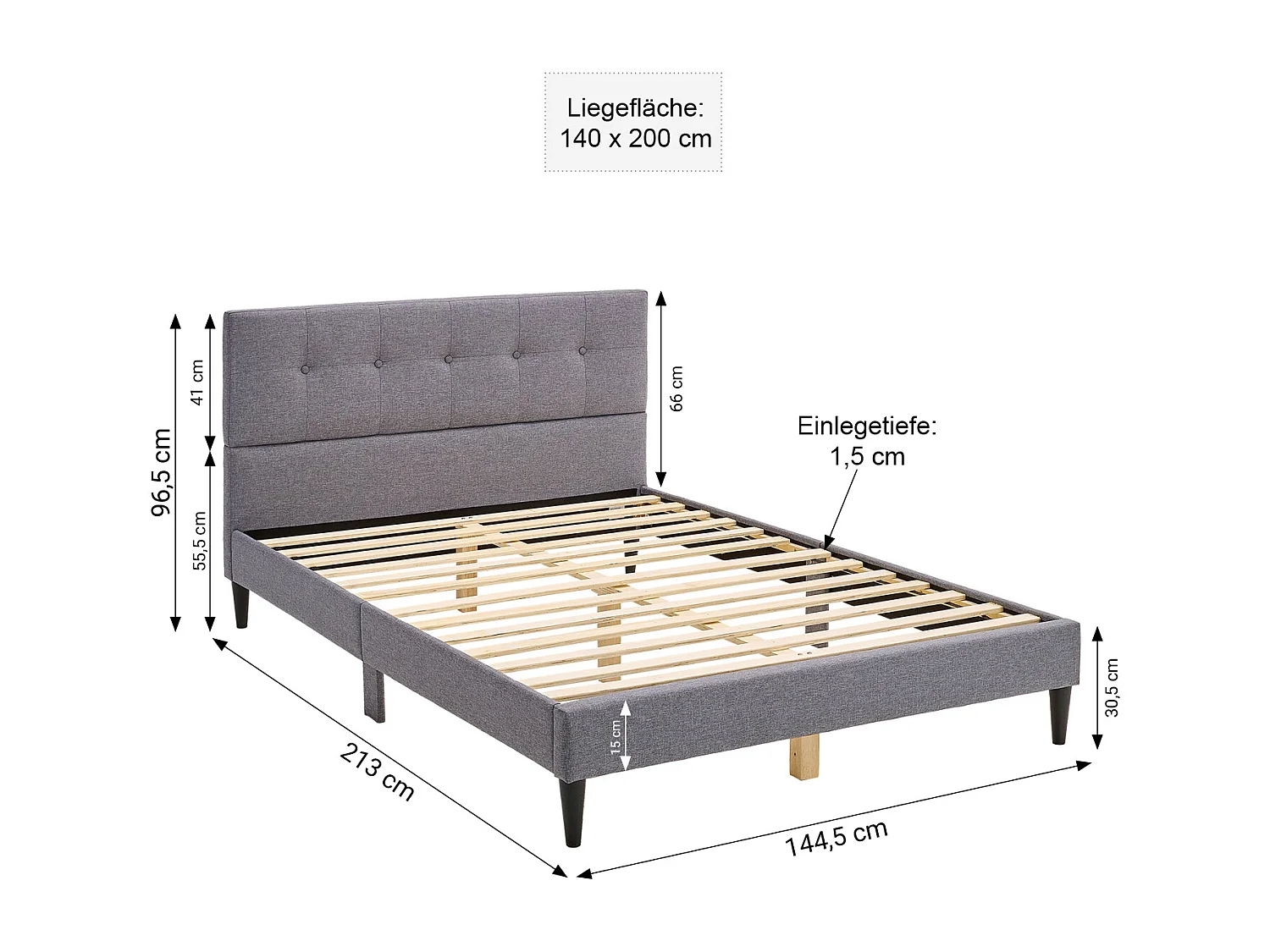 Cama tapizada 140x200 cm Gris